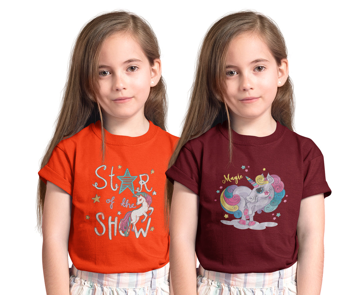 Girls 100% Cotton Graphic Printed Fancy Half Sleeve Round Neck Tops - Pack of 2|GRNECK-HS-PO2-017