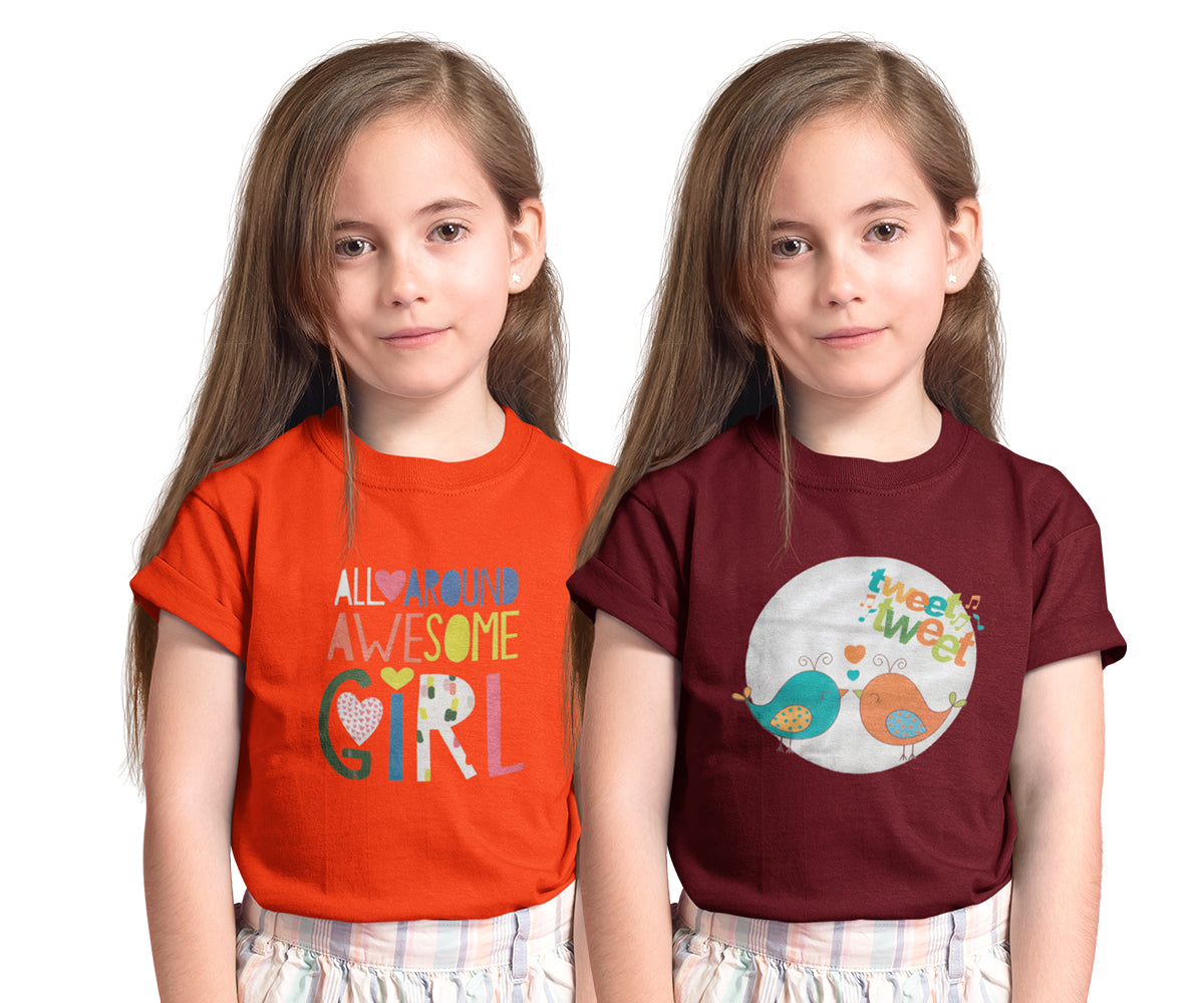 Girls 100% Cotton Graphic Printed Fancy Half Sleeve Round Neck Tops - Pack of 2|GRNECK-HS-PO2-018
