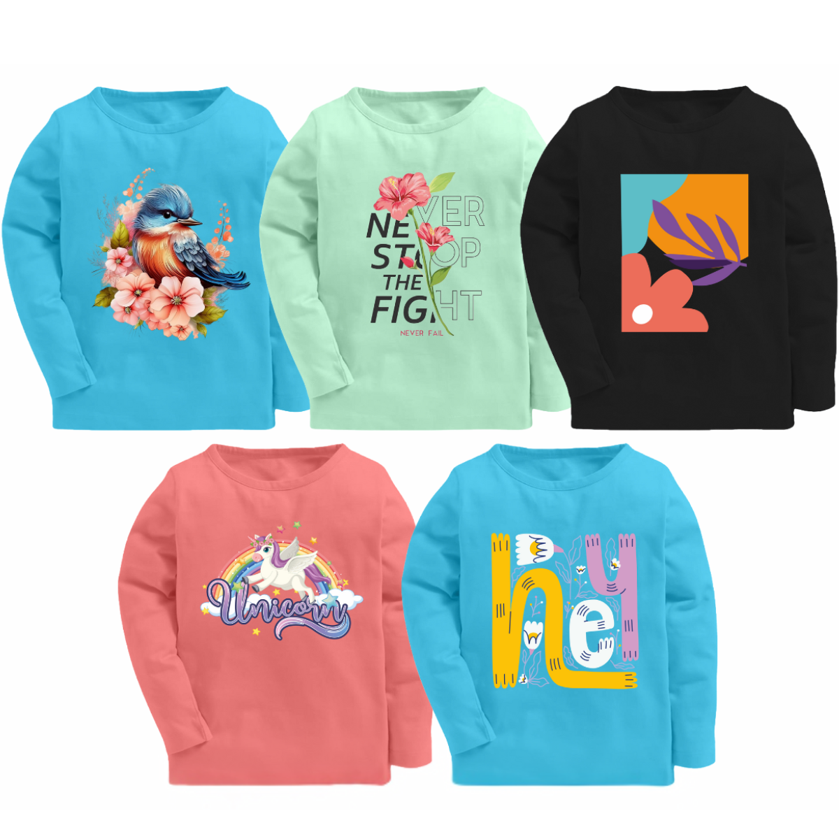 Girls Assorted Full Sleeve T-shirts - Pack of 10