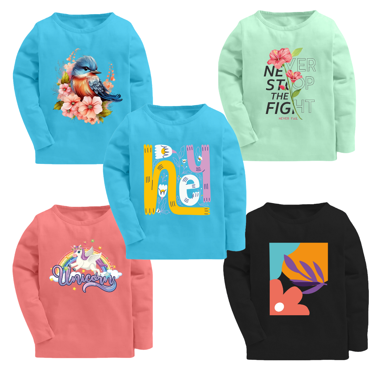 Girls Assorted Full Sleeve T-shirts - Pack of 5