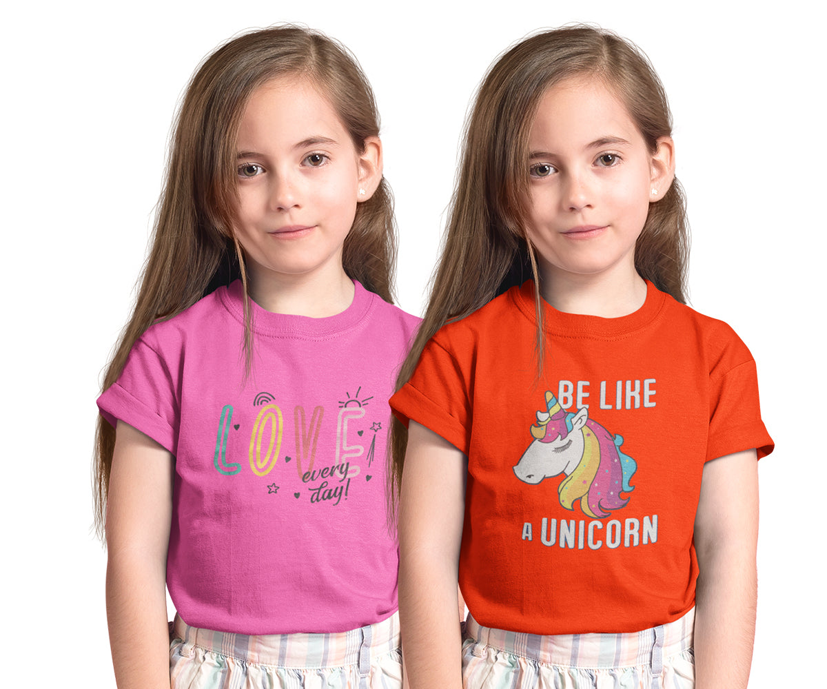 Girls 100% Cotton Graphic Printed Fancy Half Sleeve Round Neck Tops - Pack of 2|GRNECK-HS-PO2-016