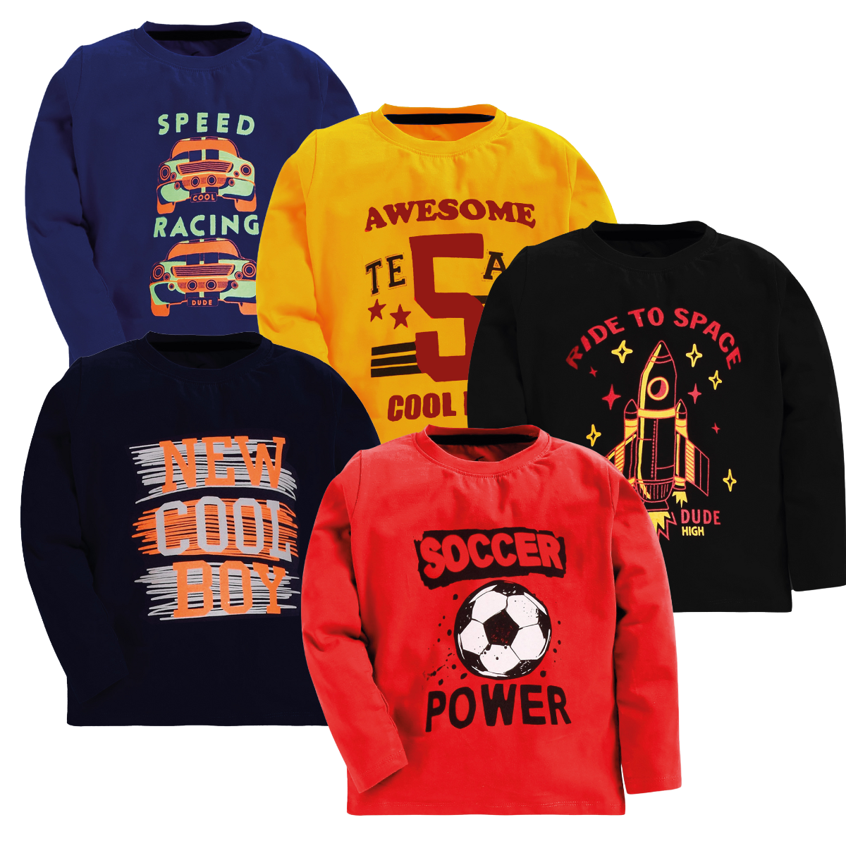 Boys Assorted Full Sleeve T-Shirts- Pack of 5