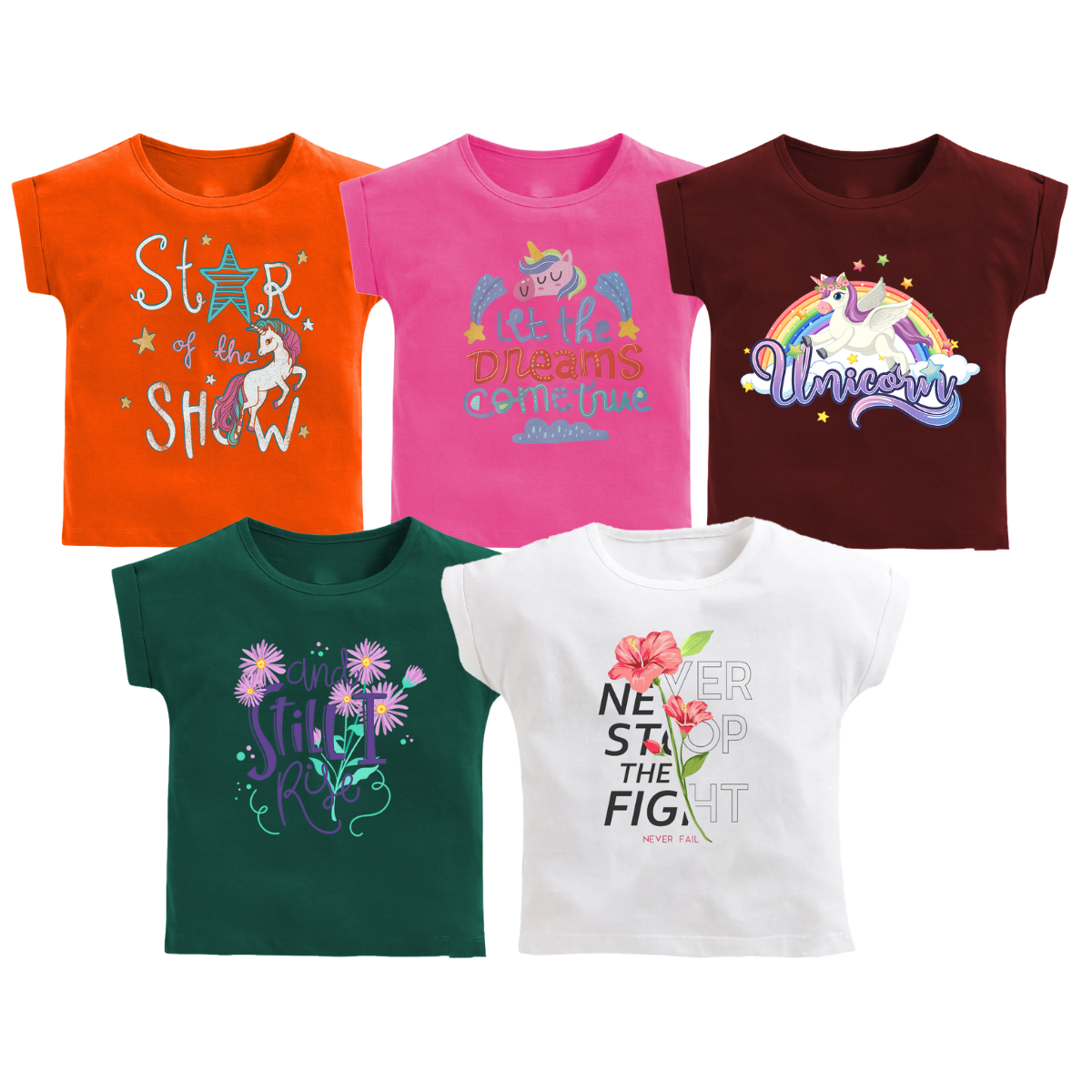 Girls Assorted Half Sleeve T-shirts - Pack of 5